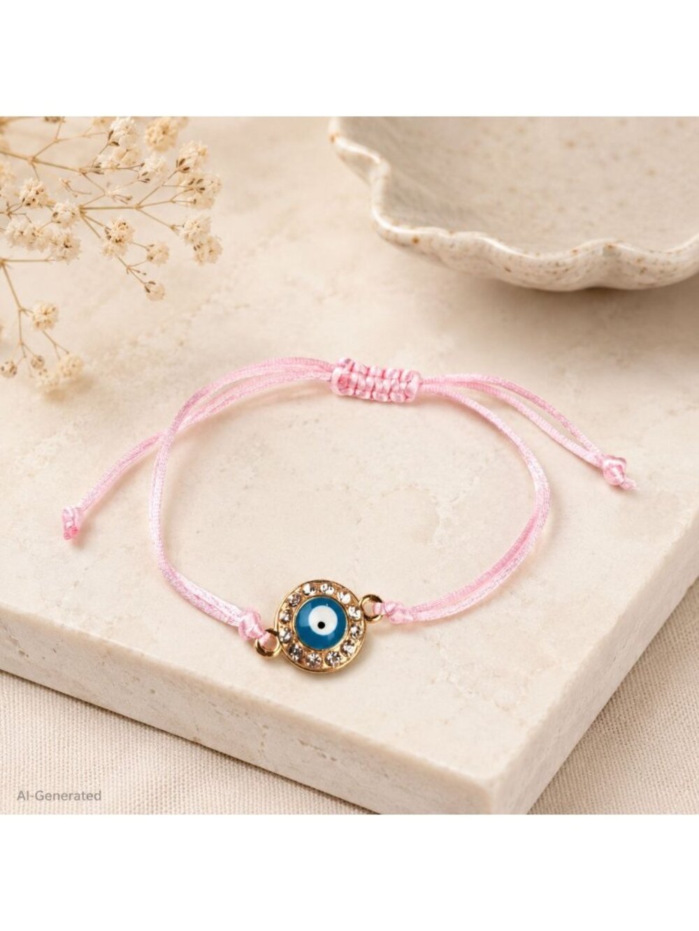 Evil Eye Charm Bracelet With Pink Adjustable Cord Gold-Tone Accent And Rhineston